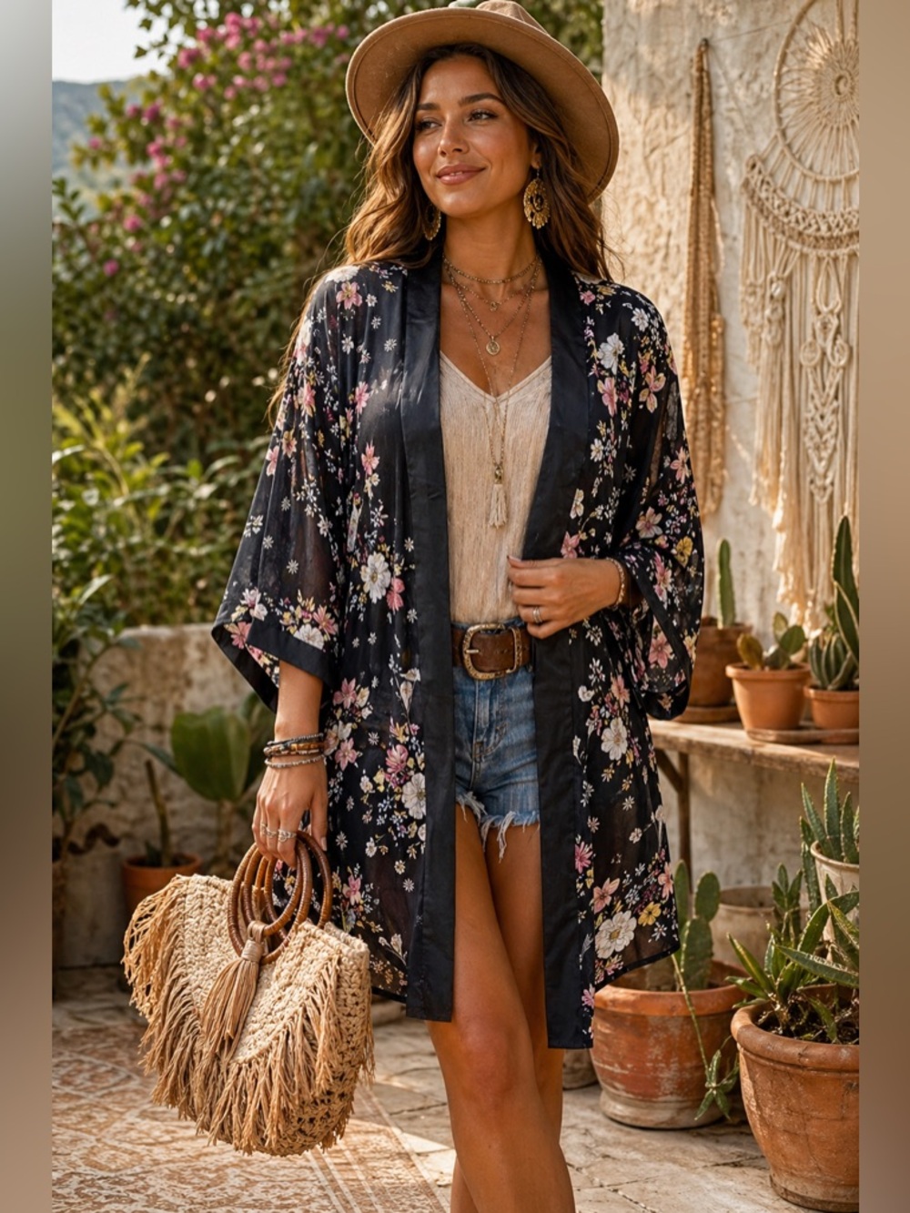 Mudd Kimono Black Floral Sheer Satin Trim One Size Dark Romantic Whimsygoth Boho